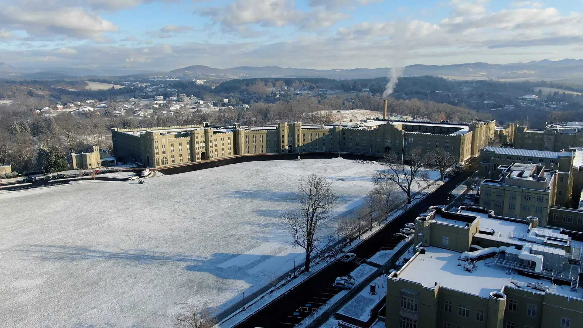 snow covered Parade Ground and barracks