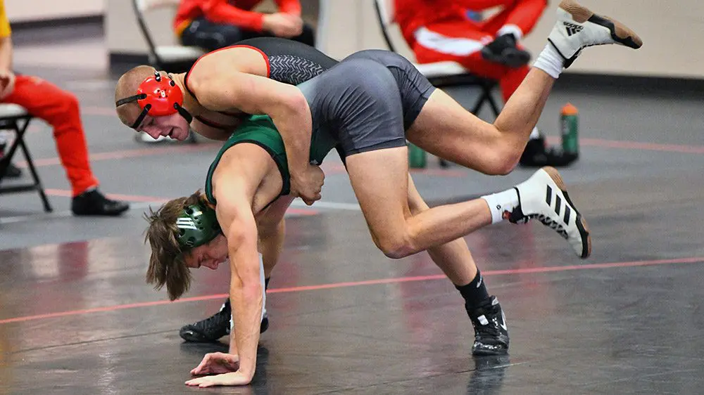 Wrestlers mid-tackle.