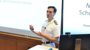 Cadet Carson Knox ’22 discusses the relationship between writing and philosophy in his senior thesis presentation, “Nostromo and Schopenhauer’s Sublime.”