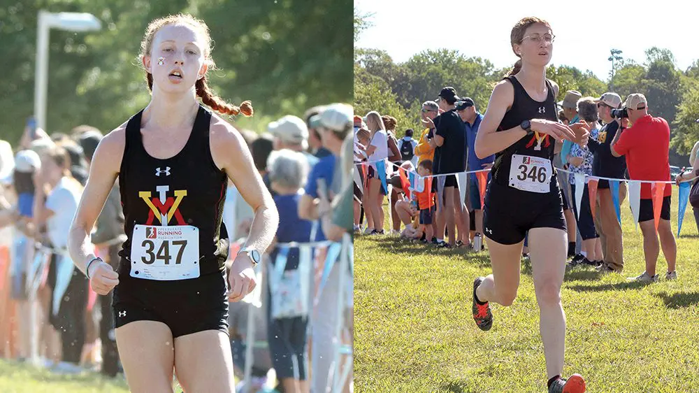 side-by-side photos of female track and field athletes running