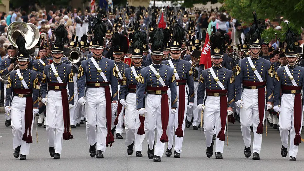 cadets marching down Letcher Ave