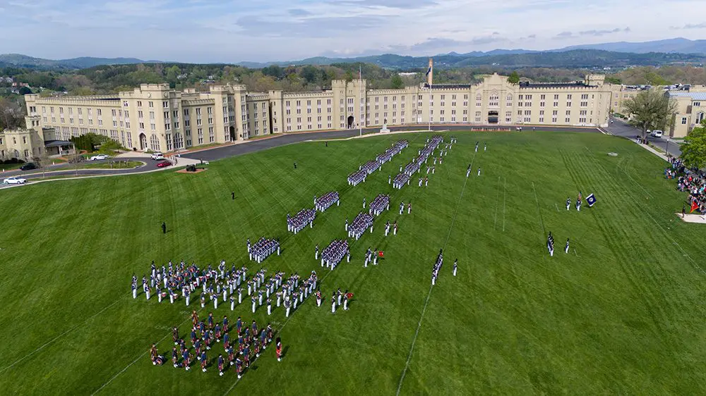 aerial shot of barracks and parade ground during a parade
