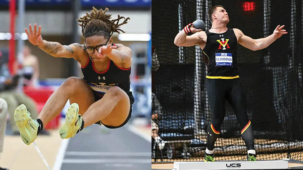 left: female track athlete jumping right: male athlete throwing shotput