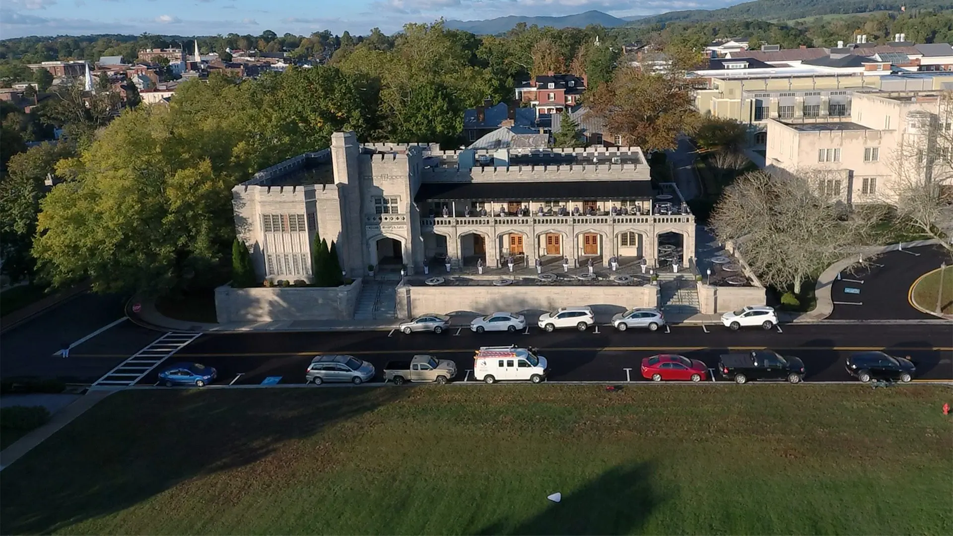 A drone shot over Moody Hall