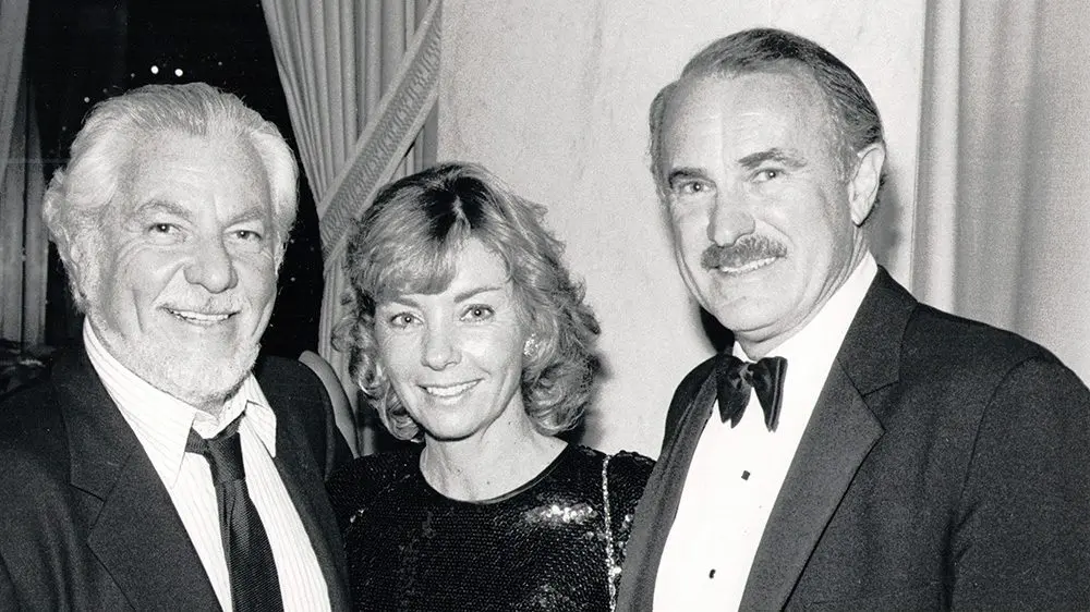 Dabney W. Coleman ’53 (right) with Bernie Brillstein (left) and Kathy Carter (center)