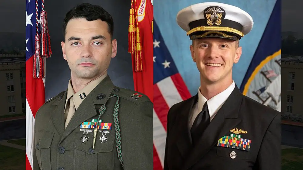 U.S. Marine Corps Capt. Mike Jacobs ’16 (left) and U.S. Navy Lt. Cmdr. Benjamin Field ’15