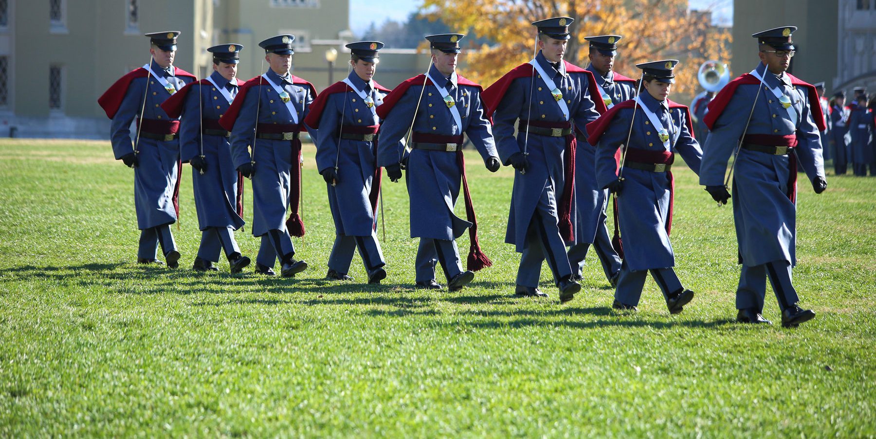 Cadets marching on lawn at Post