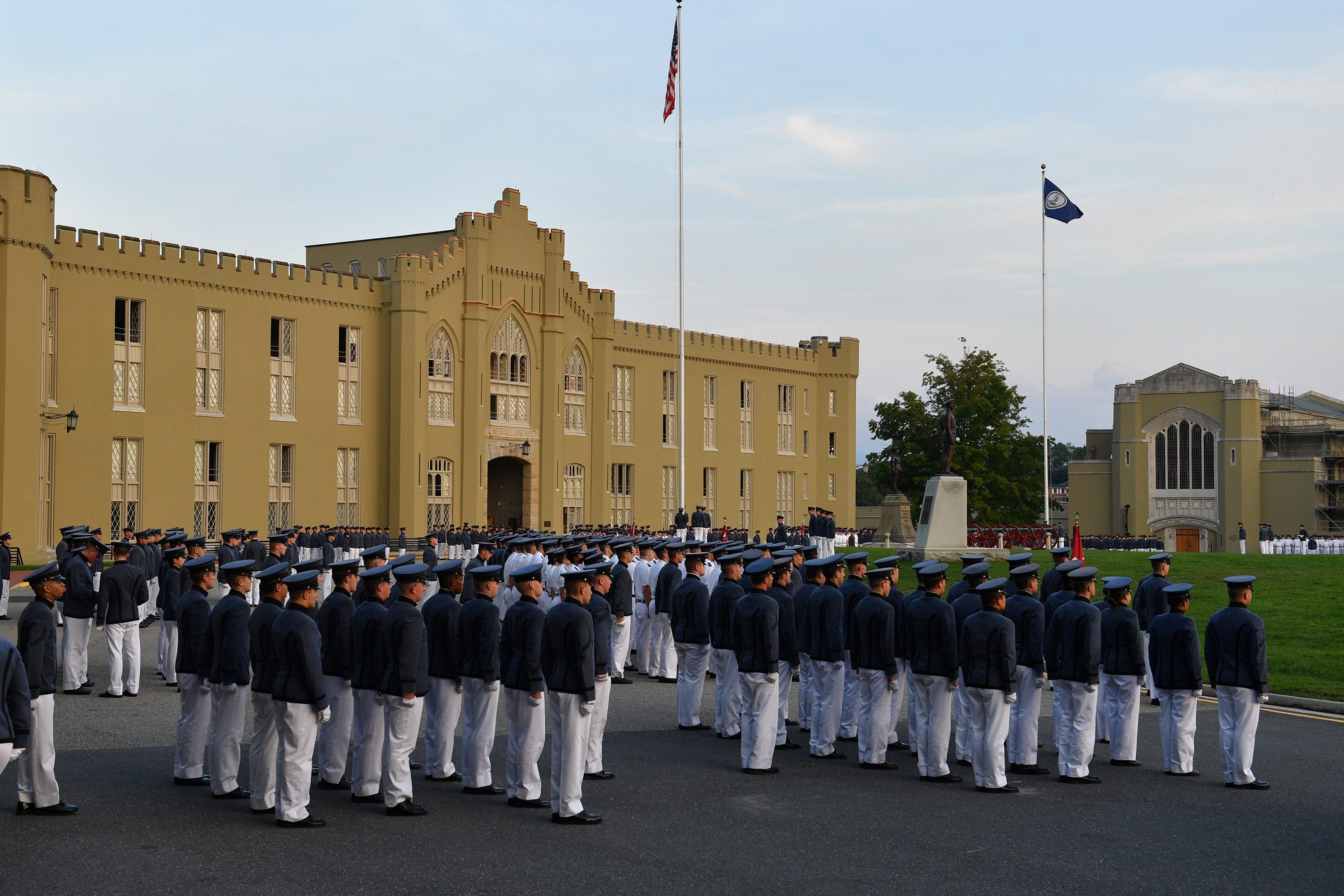 Cadets in formation in front of barracks