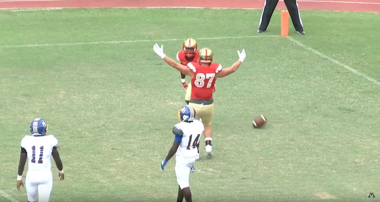 two football players celebrating a touchdown