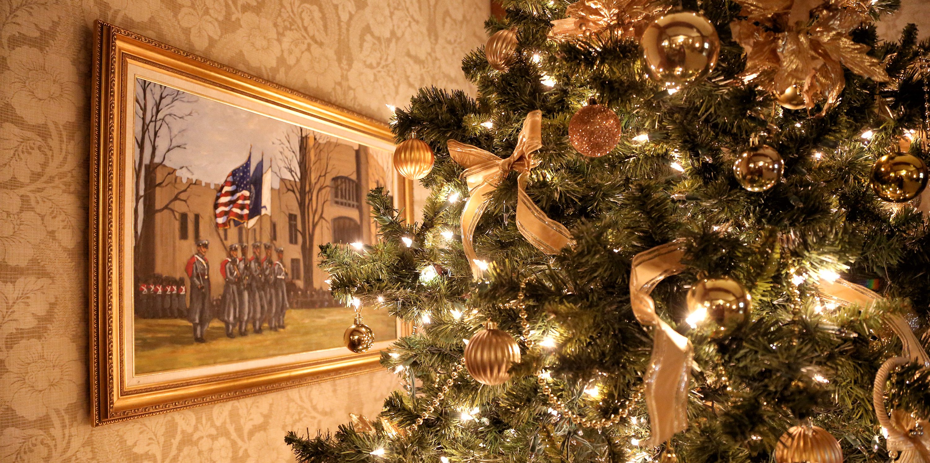 Christmas tree with VMI painting in background