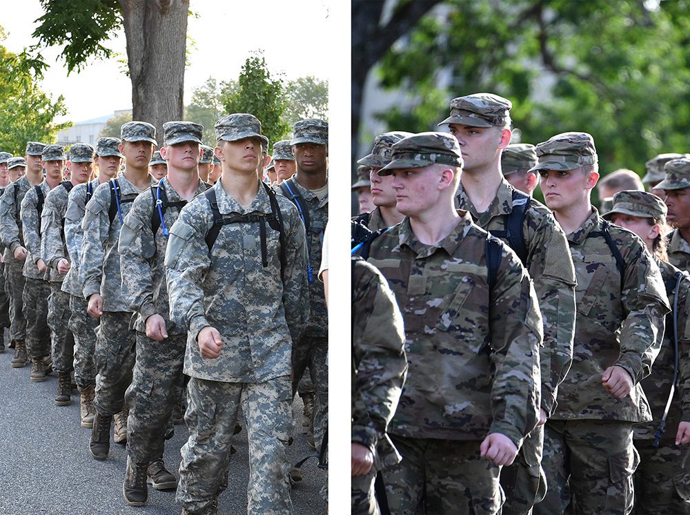 side-by-side photos of cadets marching in OCPs