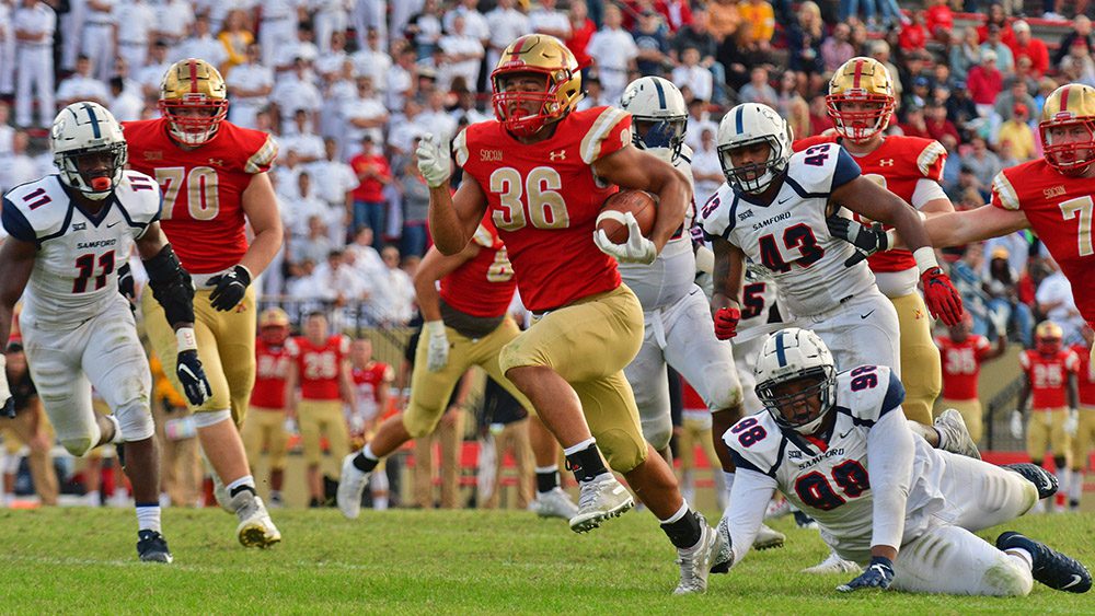 football player running ball down the field