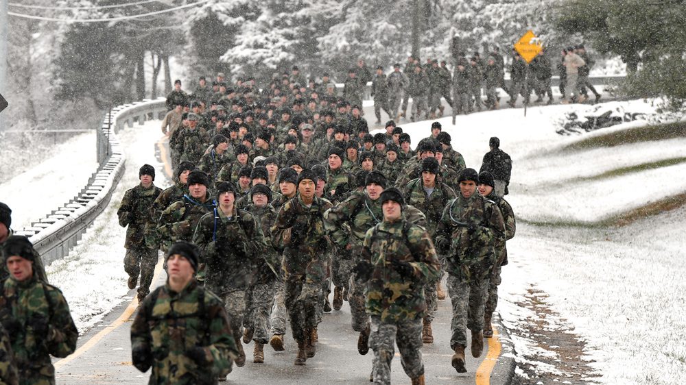 cadets running in snow