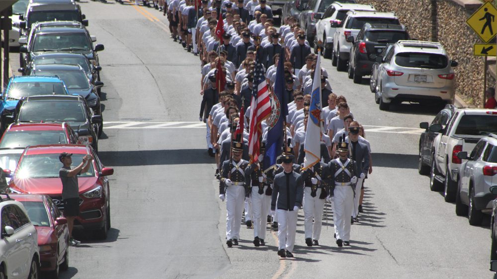 Cadets marching new rats up Main st.