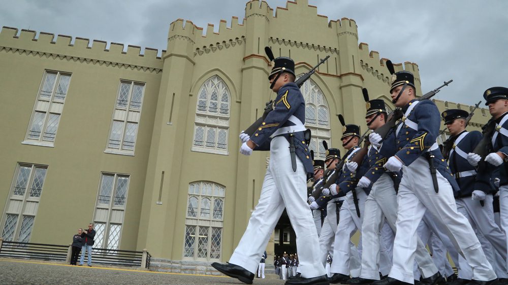 cadets march in front of barracks