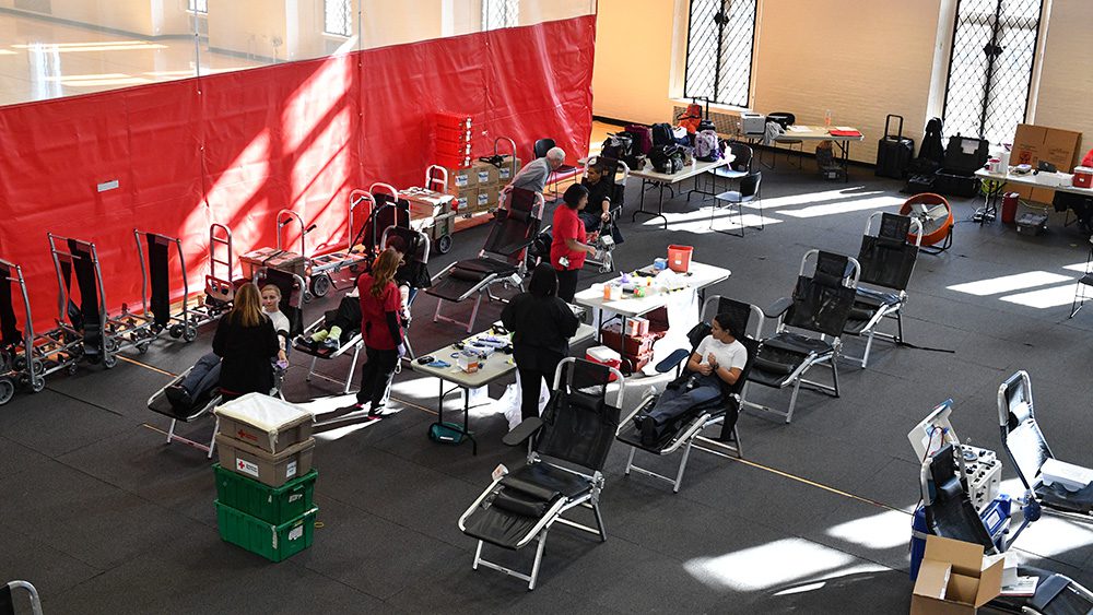 wide shot of people seated, donating blood