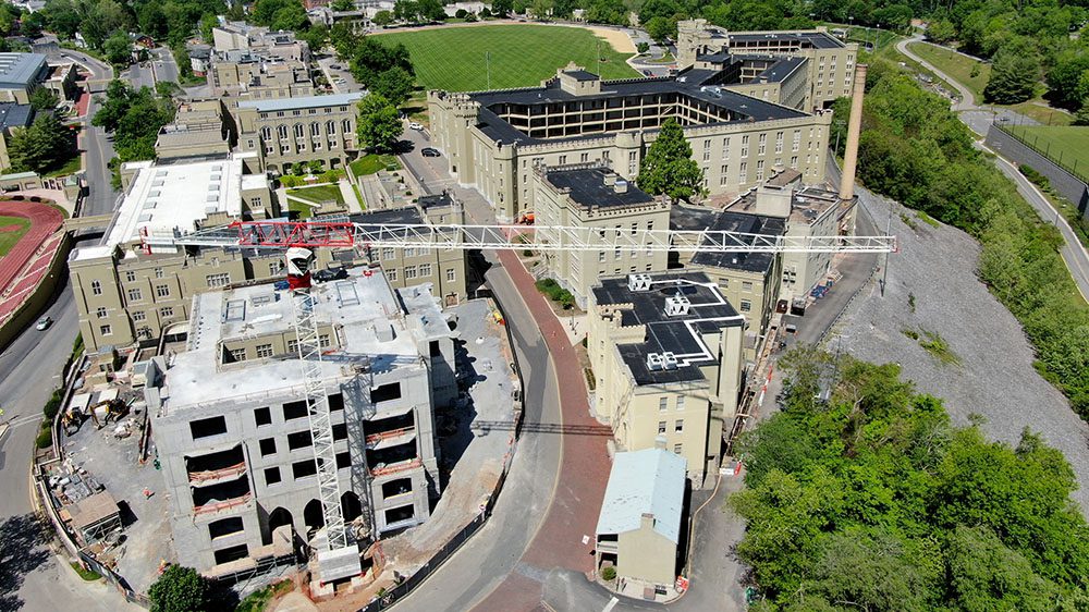 aerial shot of barracks and construction at Scott Shipp Hall