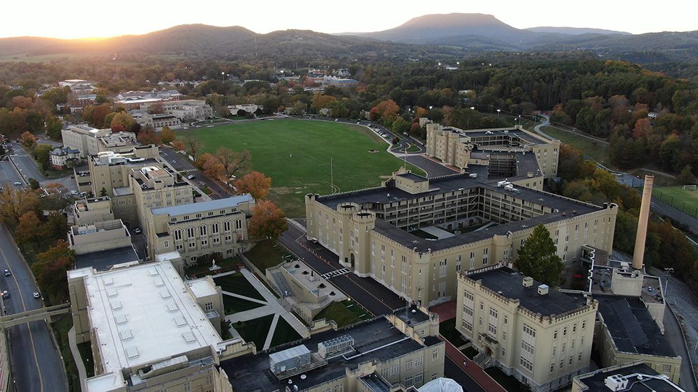 aerial view of VMI post with House Mountain in the background