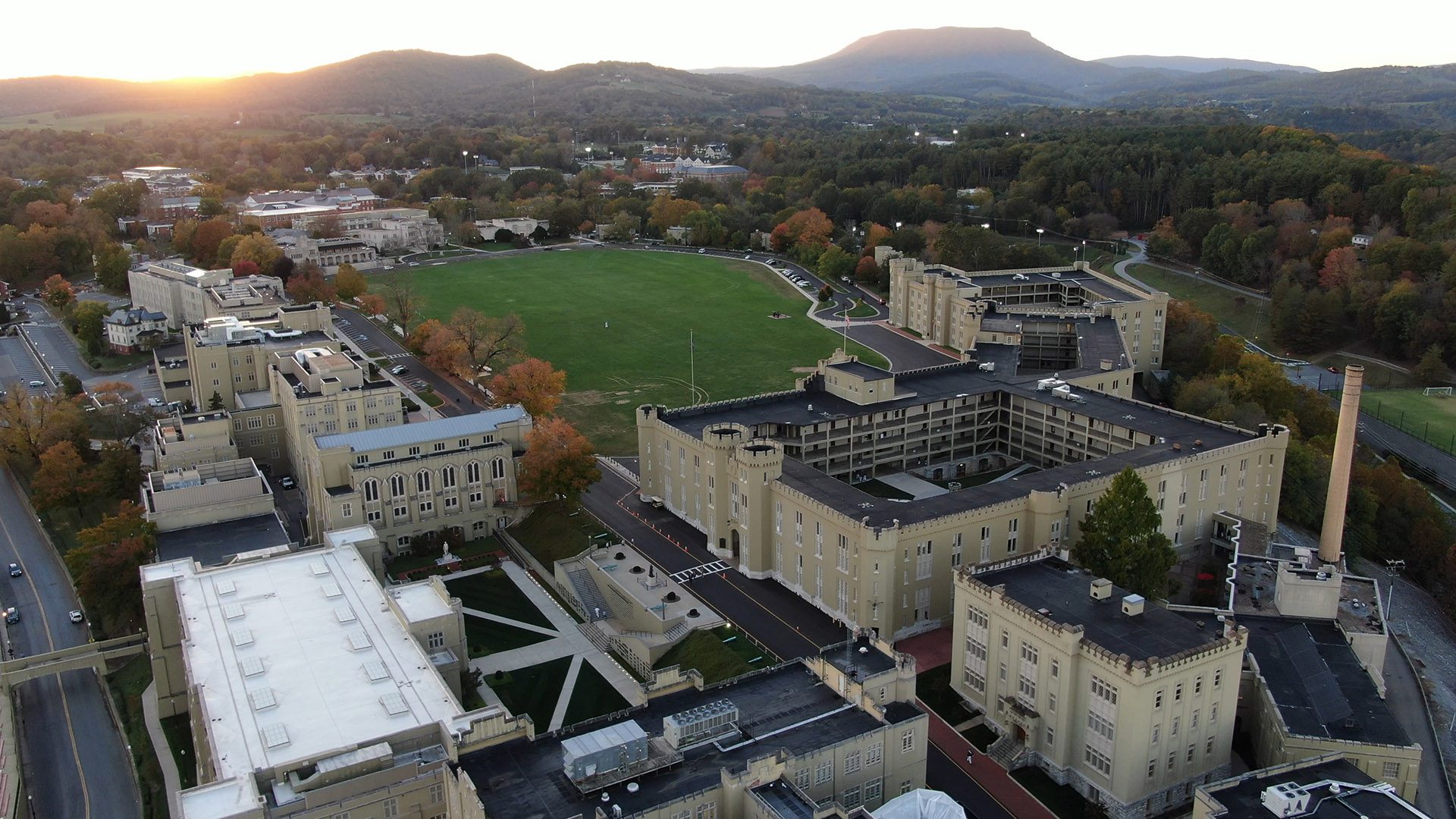 aerial shot of VMI post with House Mountain in the background