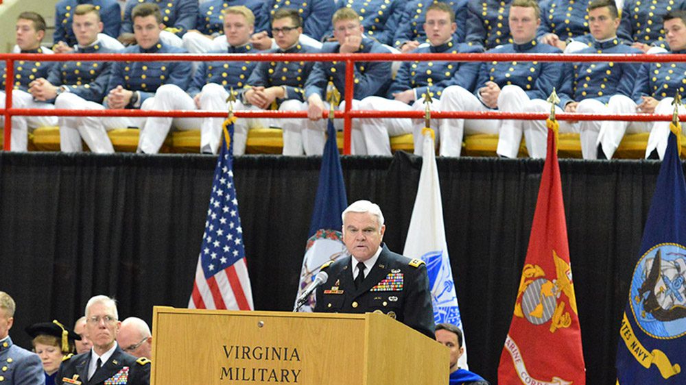 Gen. Peay addressing crowd from podium, Corps of Cadets seated behind him