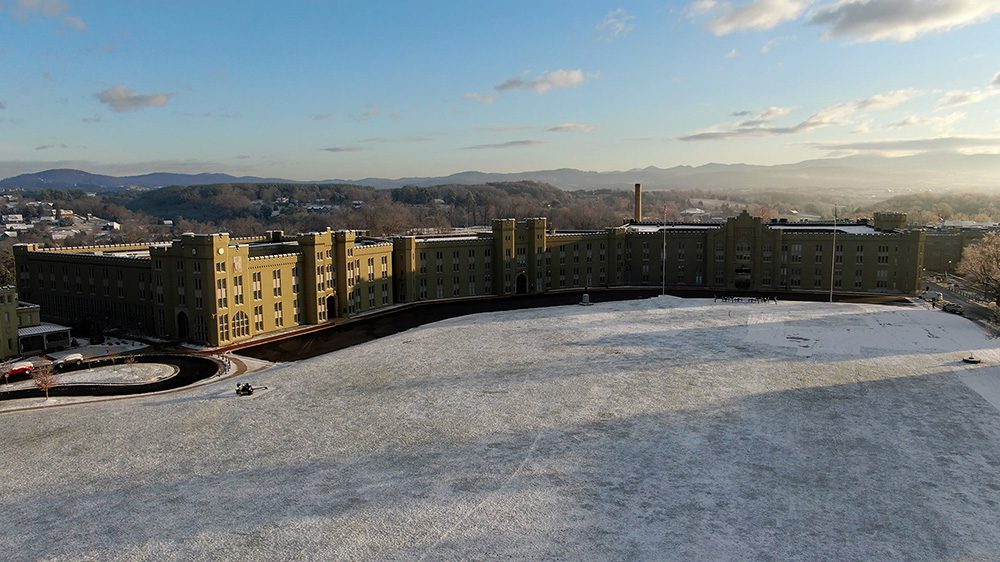 aerial shot of barracks and snowy Parade Ground