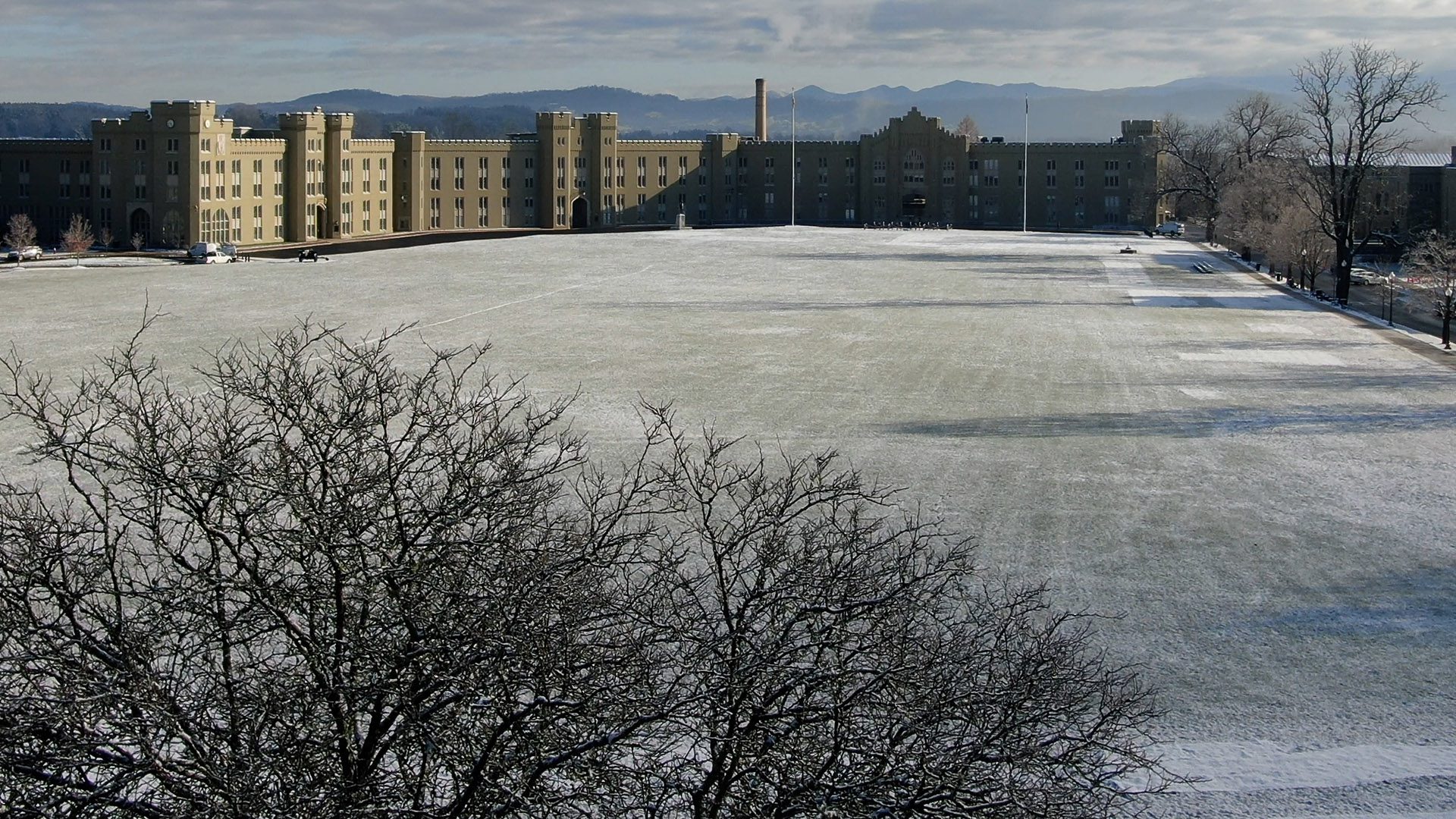 snow covered Parade Ground and barracks