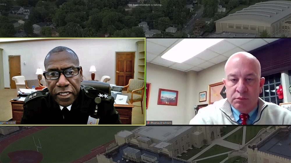 screenshot of Maj. Gen. Cedric Wins '85 and Thom Brashears '95 on Zoom videoconference.