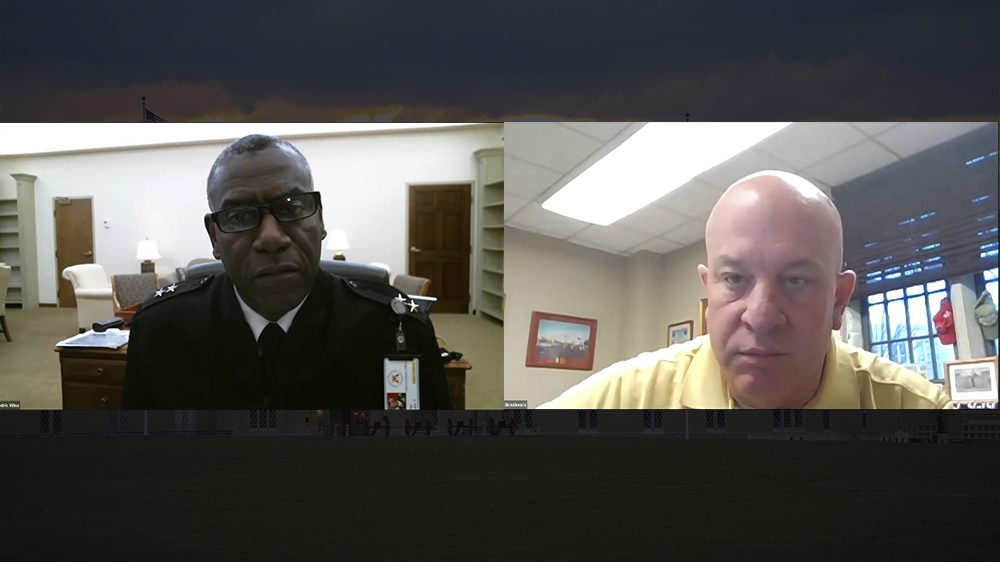 Screenshot of Maj. Gen. Cedric Wins '85 and Thom Brashears '95 on Zoom videoconference