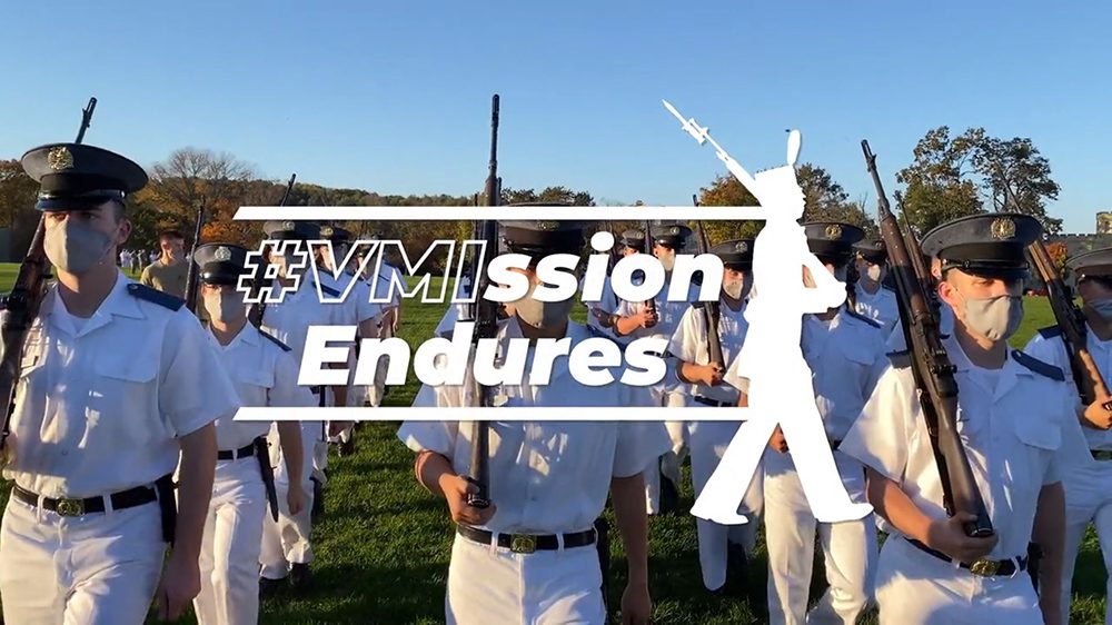 VMIssion Endures logo over photo of cadets marching