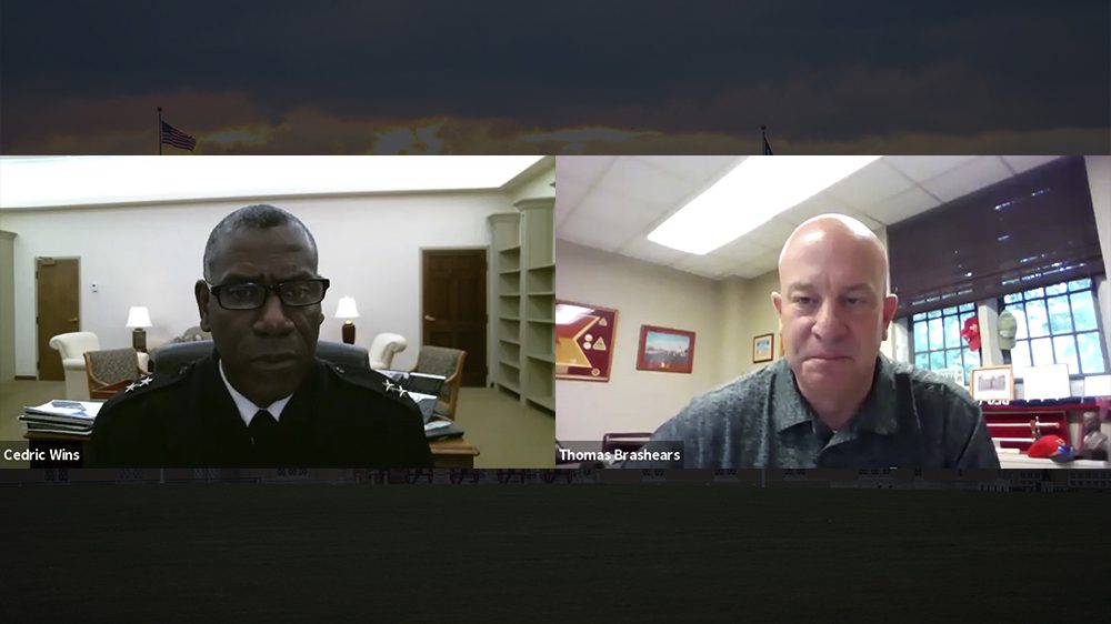 Maj. Gen. Cedric Wins '85 and Thom Brashears '95 on Zoom call