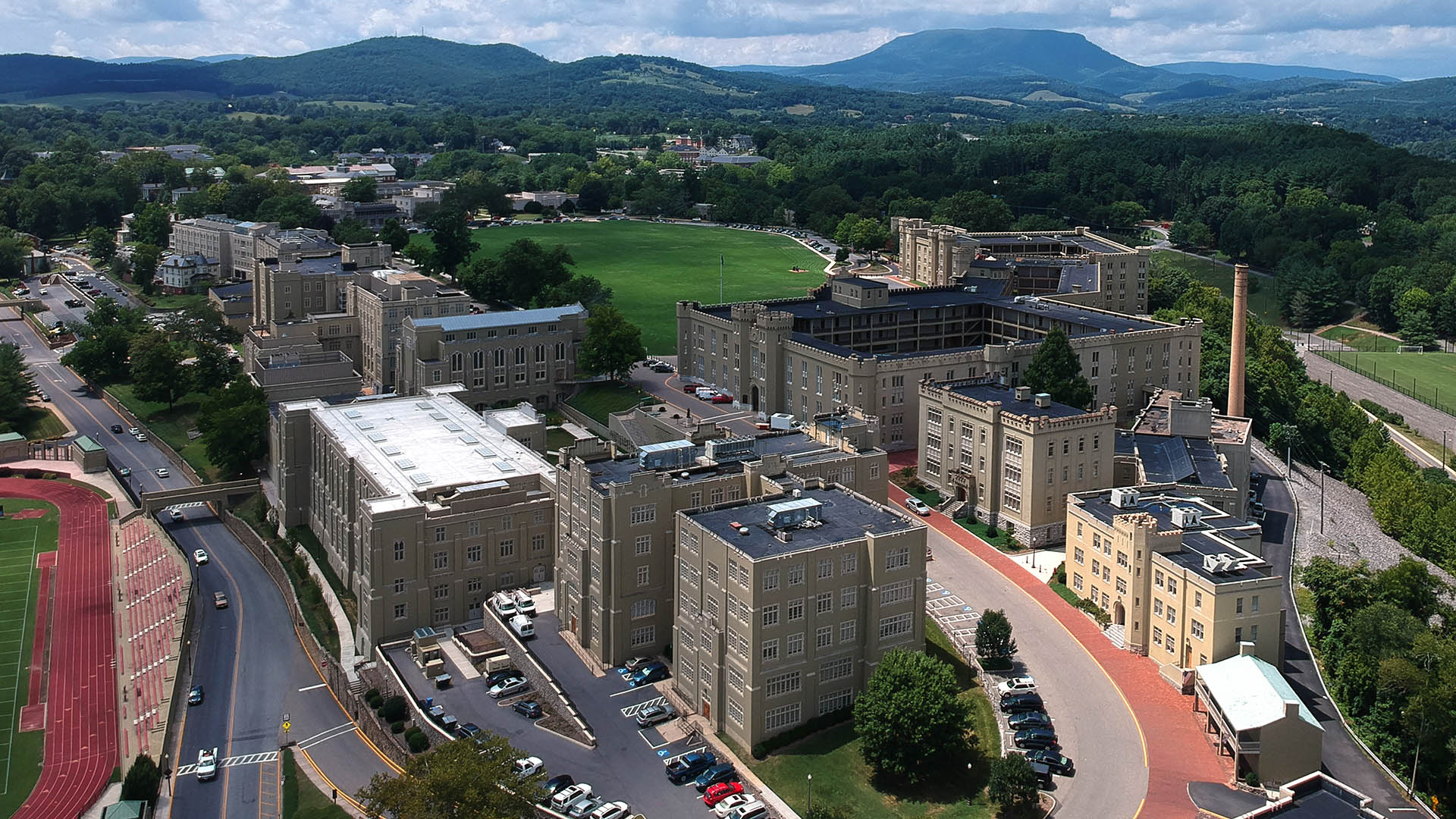 aerial shot of VMI post with House Mountain in the background