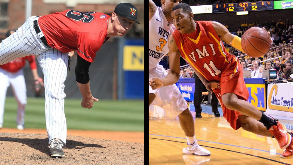 left: pitcher throwing a baseball. right: basketball player dribbling basketball