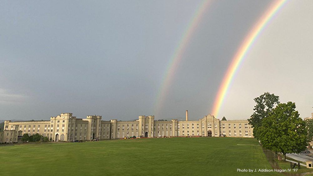 double rainbow over VMI barracks - wide shot