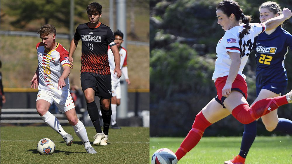(Left) male soccer player kicking soccer ball. (Right) female soccer player prepares to kick soccer ball.