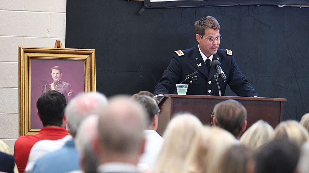 Maj. Dan Baur speaks at the dedicaton of the exercise physiology lab named in honor of his father, the late Thomas S. Baur.