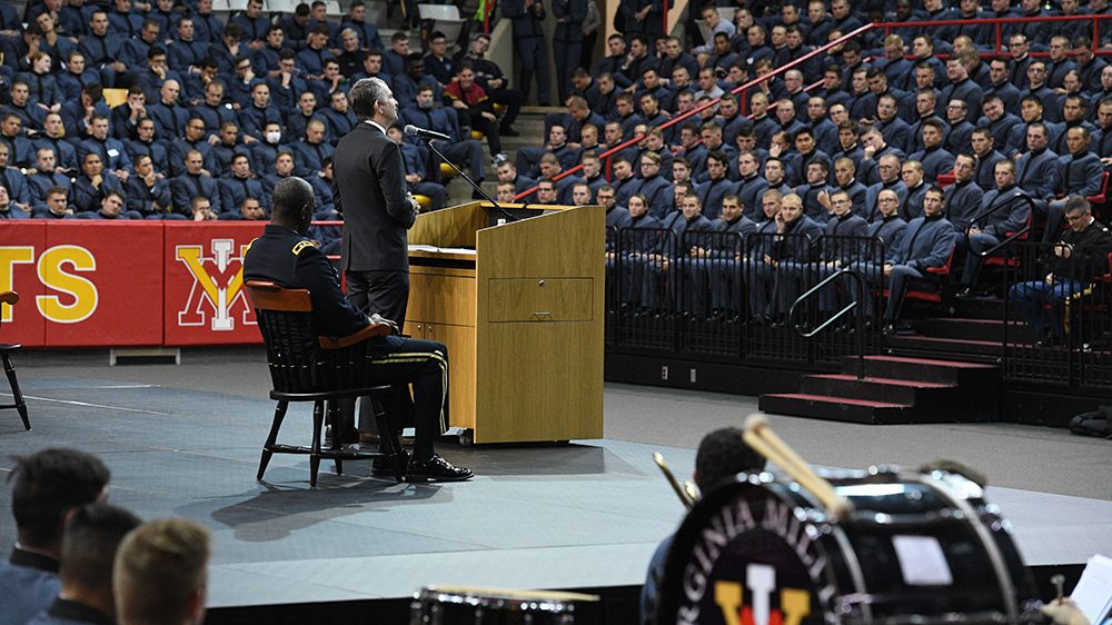 Ralph Northam speaking to Corps of Cadets