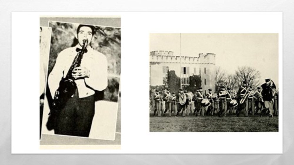 on left: black and white photo of Col. Thomas H Kirk playing saxophone; on right: black and white photo of VMI band on Parade Ground