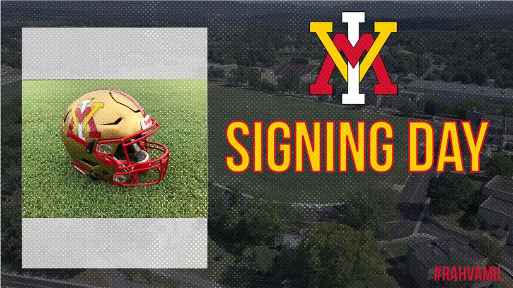 VMI football helmet on ground on left, VMI spider and the words 