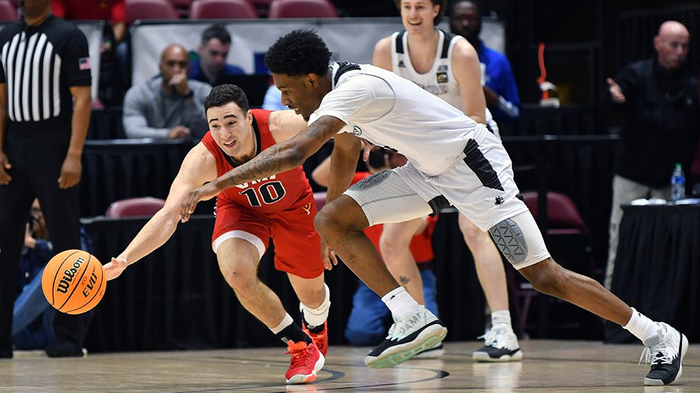 Trey Bonham ’24 handling the ball during the SoCon tournament game against Wofford.