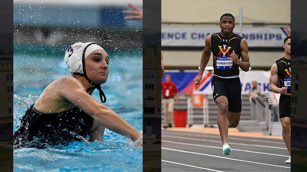 Side-by-side vertical photos of Genevieve Petrassi '22 and Jordin Poindexter '22. On the left, Petrassi is in a pool playing water polo, and on the right, Poindexter is running indoor track.