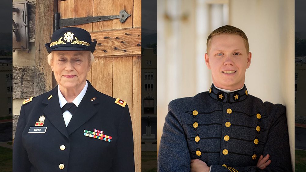 Left: Lt. Col. Linda Green in uniform. smiling. Right: Andrew Green as a cadet in uniform, smiling.