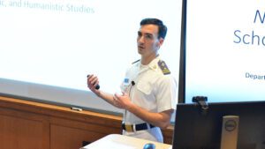 Cadet Carson Knox ’22 discusses the relationship between writing and philosophy in his senior thesis presentation, “Nostromo and Schopenhauer’s Sublime.”