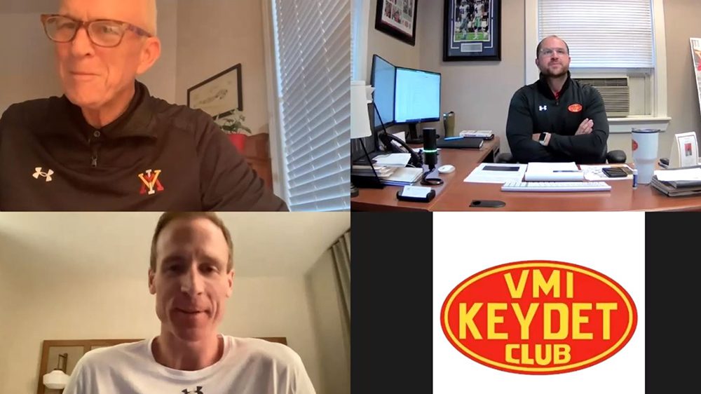 screenshot of video call between Jim Miller, Andrew Deal, and Andrew Wilson, with Keydet Club logo in bottom righthand corner