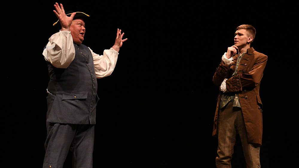 Kevan Kavanaugh and Matthew Frazier ’23 perform as Partridge and Tom Jones, respectively, in the VMI Theatre’s performance of “Tom Jones.”