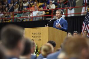 Jim Kavanaugh, World Wide Technology CEO, addresses the Class of 2022 during the VMI commencement ceremony.