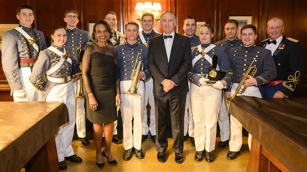 Dr. Condoleezza Rice, recipient of The George C. Marshall Foundation Award, and Kenneth C. Griffin, recipient of the George C. Marshall Foundation Humanitarian Award, are flanked by members of the Institute Brass and Col. John Brodie.