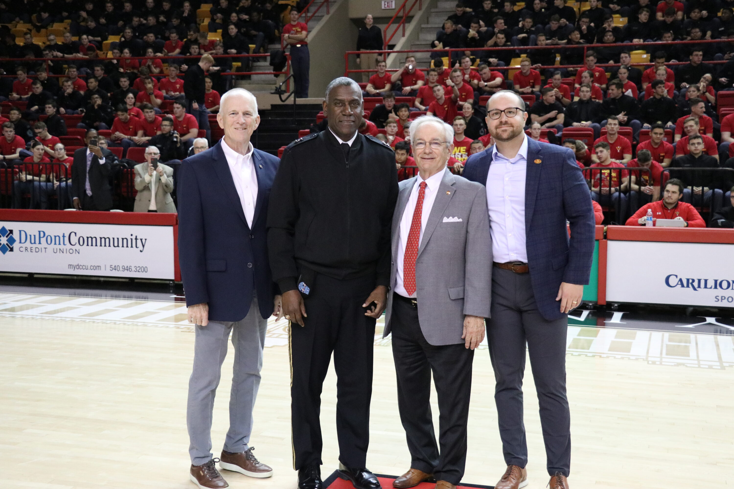 Jim Miller, intercollegiate athletics director; Maj. Gen. Cedric T. Wins ’85, superintendent; Kemper; and Andrew C. Deal ’12, VMI Keydet Club chief operating officer.