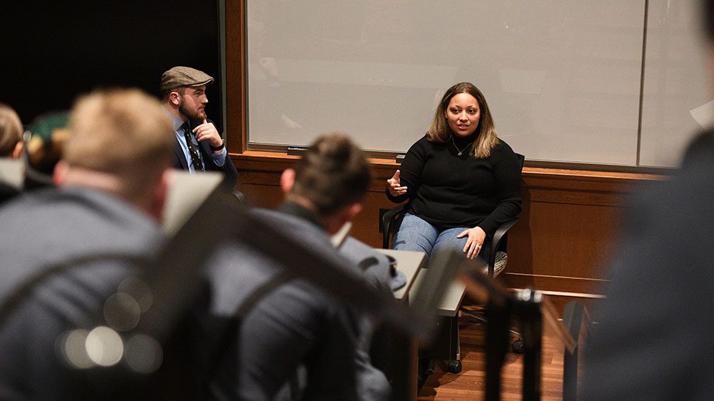 U.S. Army 1st Lt. Annika Tice ’19 speaks during the Life After VMI: Finding a Calling forum.