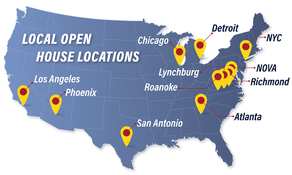 A map of the United States with icons highlighting the different locations of Local Open Houses in 2023