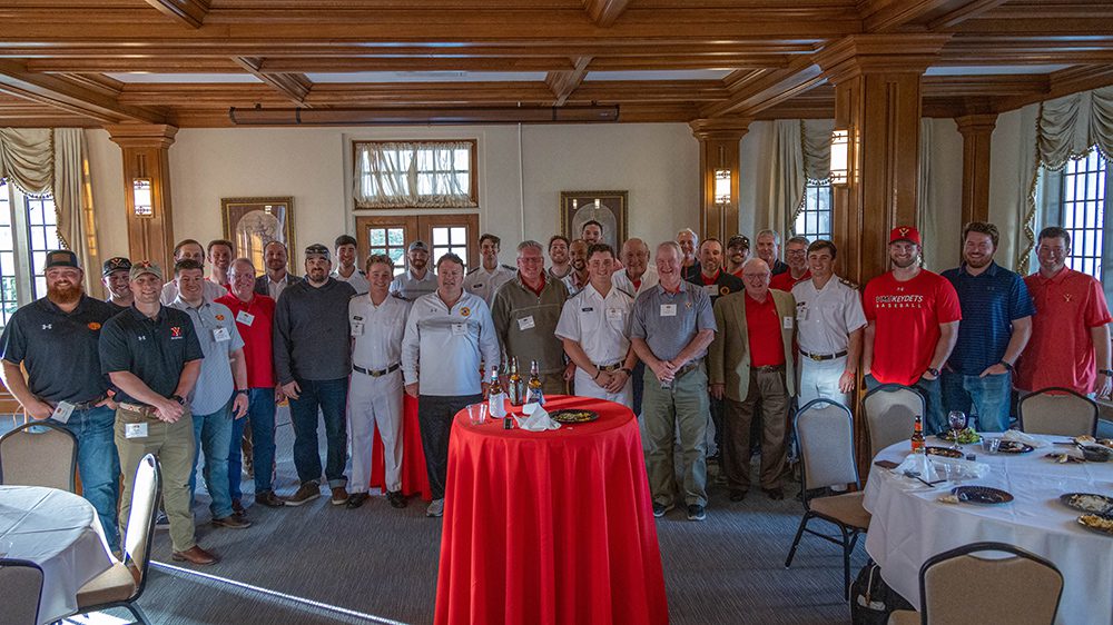 VMI baseball alumni gather for a photo in Moody Hall at the VMI baseball reunion.